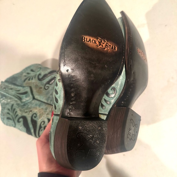 Black Star Boots Tooled Floral Paisley Leather Tall Western Boots Turquoise 9.5 - Picture 6 of 7